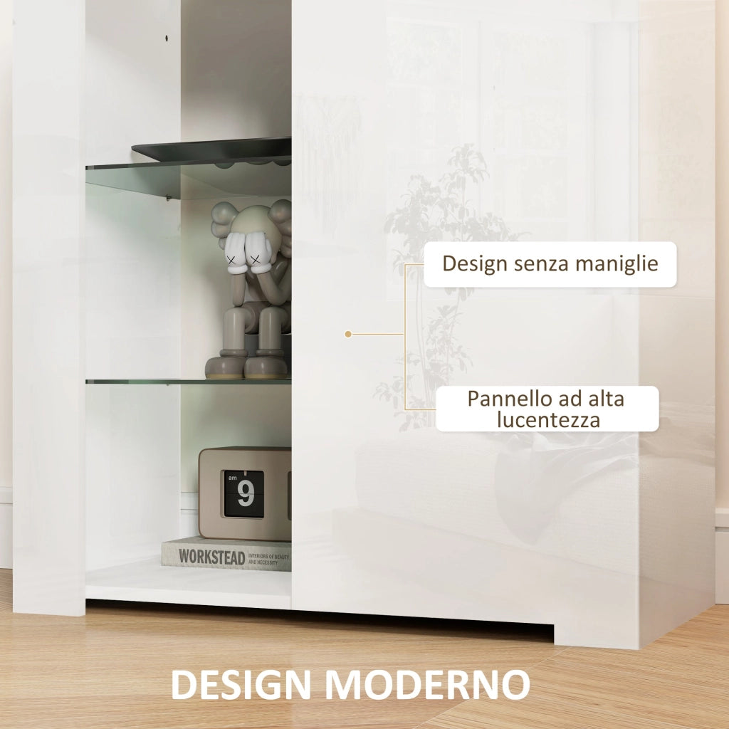 Mobile Contenitore a LED 75x40,1x83 cm 3 Ripiani Aperti e Armadietto in Legno e Vetro Bianco