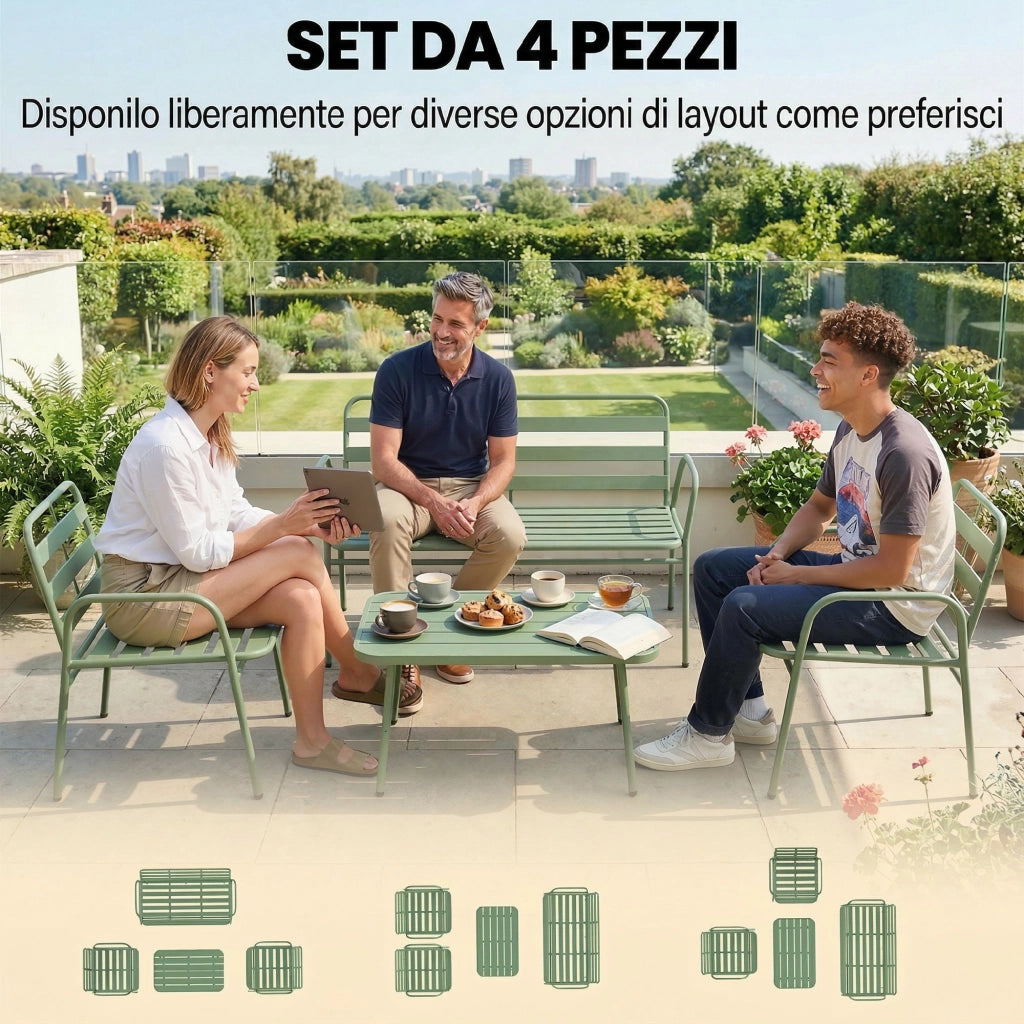 Set Giardino 4 Pezzi. Divano Esterno Metallo con Doghe. Verde