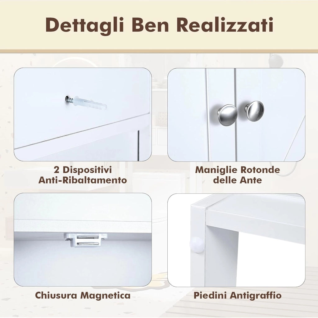 Mobile Sopra Lavatrice da Bagno, Armadietto su WC con Doppie Ante, Porta Carta Igienica e Ripiano Regolabile, Mobile Salvaspazio in Legno per Lavanderia, 81,5 x 19,5 x 172,5 cm (Bianco)