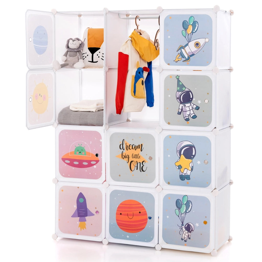 Armadio a 12 cubi per bambini con 2 barre appendiabiti motivi adorabili, Armadio per cameretta 109x37x145cm Bianco-Armadi Appendiabiti