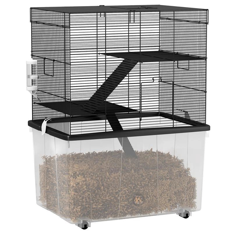 GABBIA PER CRICETI 3 PIANI CON RUOTE 2 PIATTAFORME RAMPE CIOTOLA E BOTTIGLIA 58X43X74 CM NERO