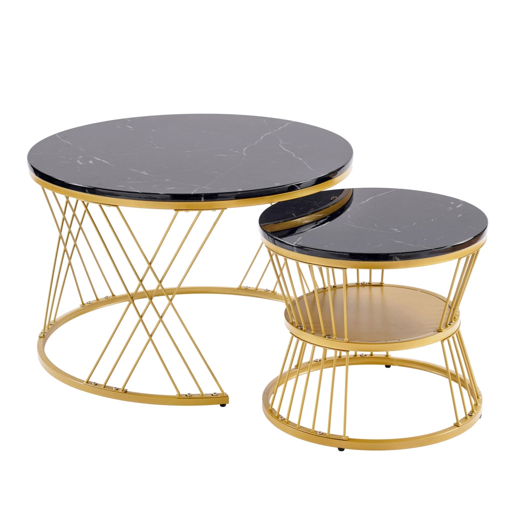 Tavolini da salotto 70x70x47 cm e 45x45x40 cm; set impilabile effetto marmo; MDF nero