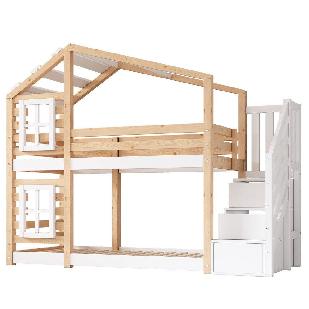 Letto a Castello Baumhaus per Bambini ¨C MINIMAL ¨C 90x200, Legno, Bianco, 2 Reti a Doghe