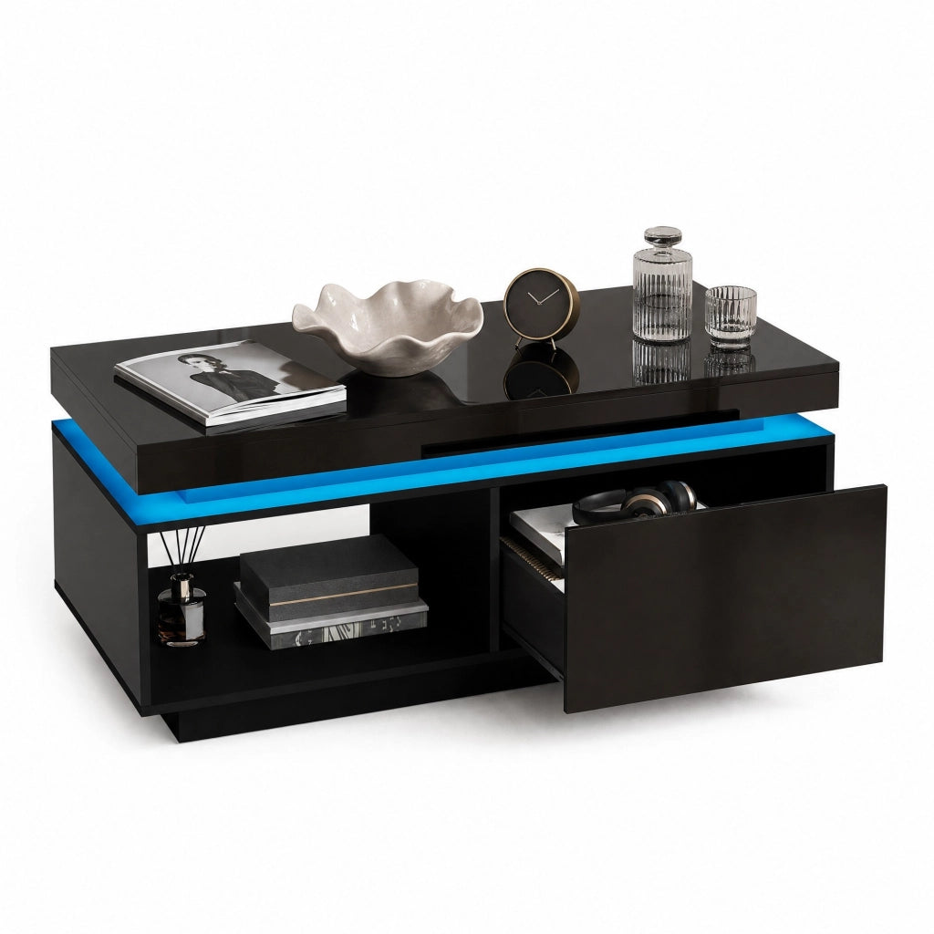 Tavolino da caffè moderno lucido con LED e cassetto; 100x50x40;3 cm; nero