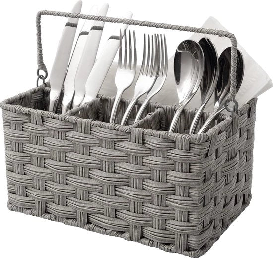 Organizzatore per utensili da cucina, contenitore per posate intrecciato, organizzatore per utensili da cucina, spazio di stoccaggio per cucchiai, supporto per utensili da cucina per posate e utensili da cucina con sezioni - 4 compartimenti, grigio