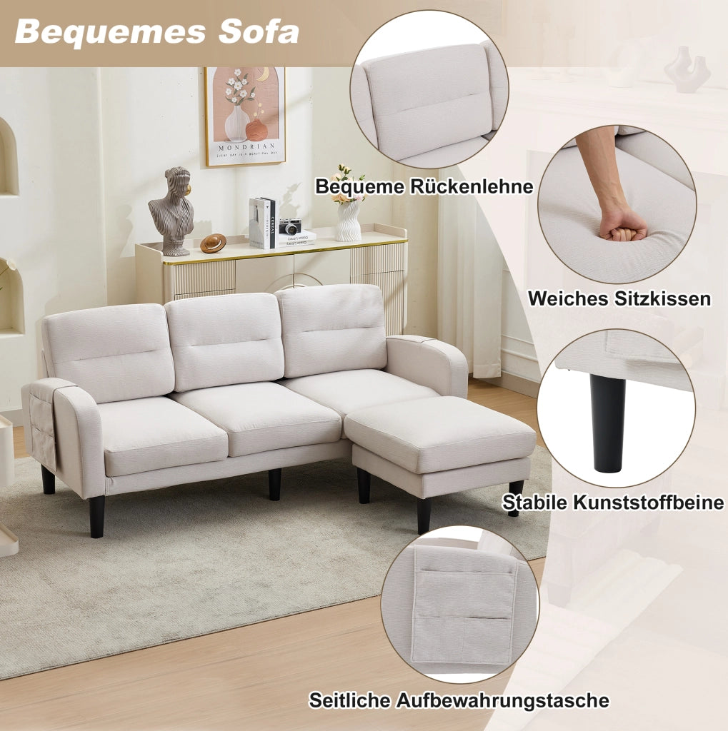 Divano angolare modulare 3 posti con chaise longue e tasche laterali beige 204x136 cm