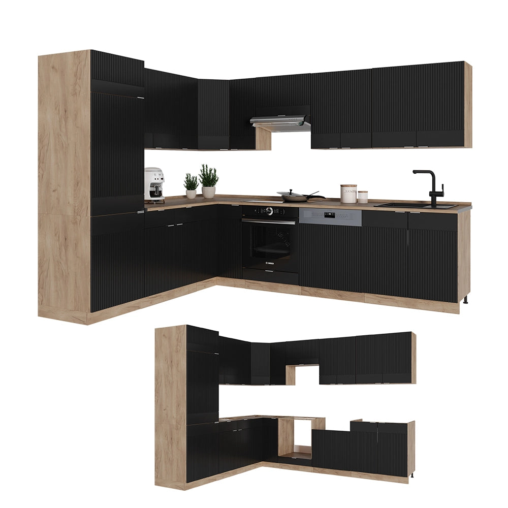 Cucina angolare completa Fame-Line Nero rigato/Rovere dorato 227 x 60 cm, PL Marmo Vicco