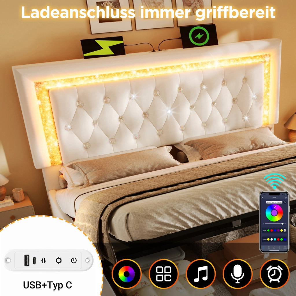 Letto imbottito con LED, presa USB e contenitore 140x200 cm, beige