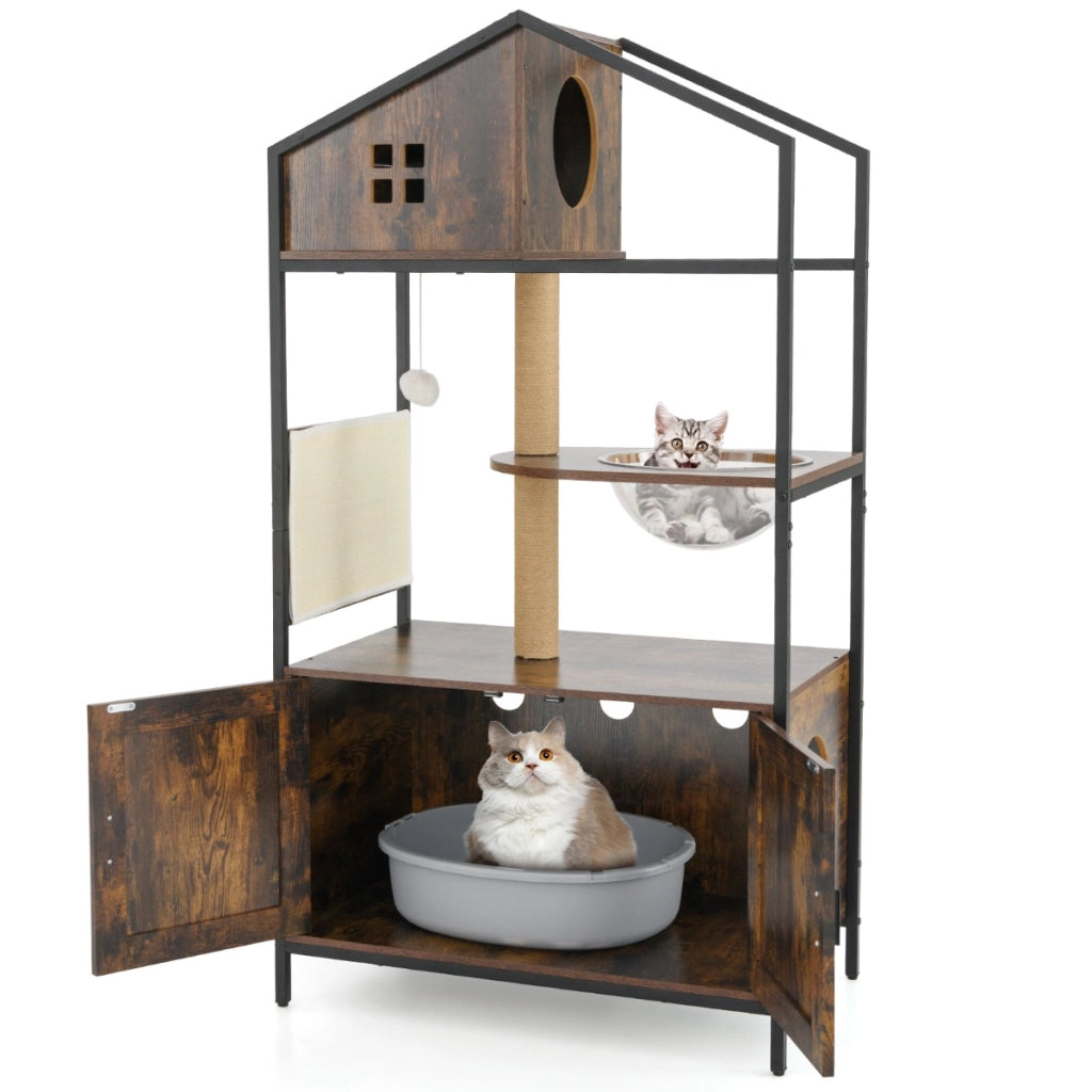 Albero per gatti con cabina lettiera e bagno nascosto torre a pi¨´ livelli con posti graffiare, Cuscino e capsule spaziale-Gatti