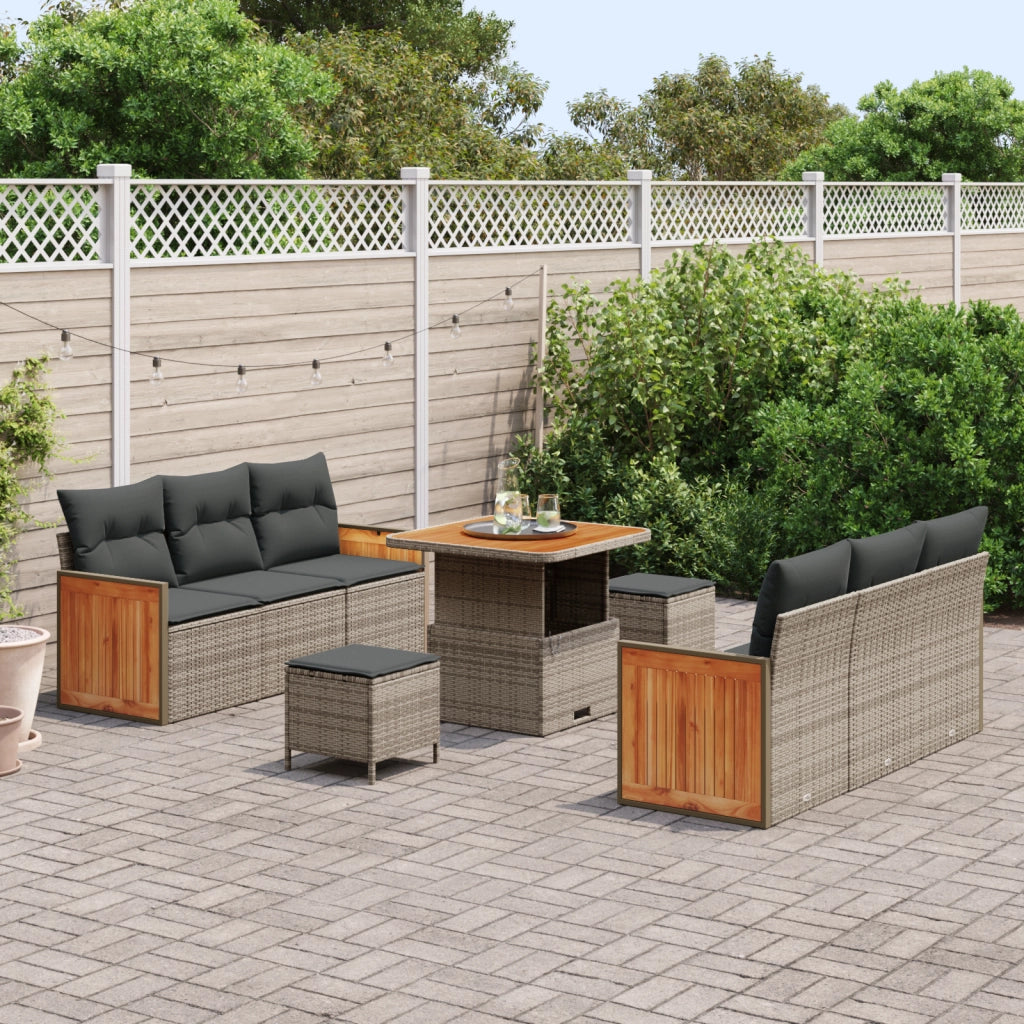 Set Divano Giardino 9 Pezzi con Cuscini Grigio Rattan Poliestere Acacia