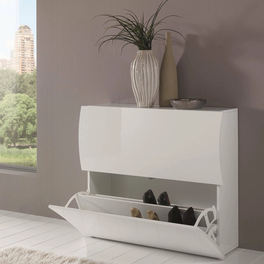 Scarpiera Ape, Made in Italy, a 2 ante a ribalta, Portascarpe da ingresso, cm 101x27h82, colore Bianco lucido