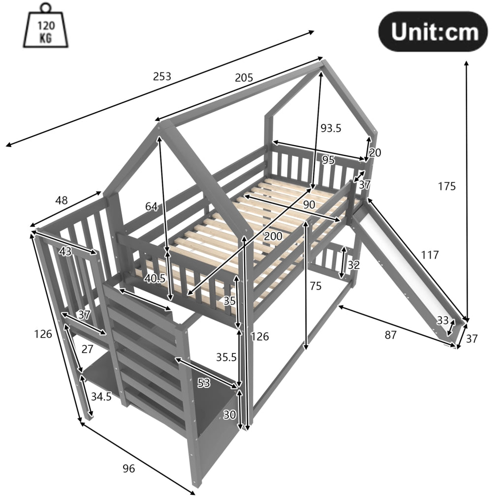 Letto a castello 90x200 cm con scala contenitore e scivolo grigio