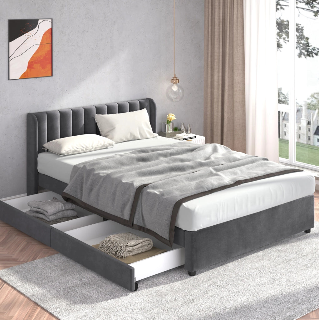 Letto matrimoniale 160x200 cm; testiera alta con 2 cassetti; velluto grigio (Senza materasso)