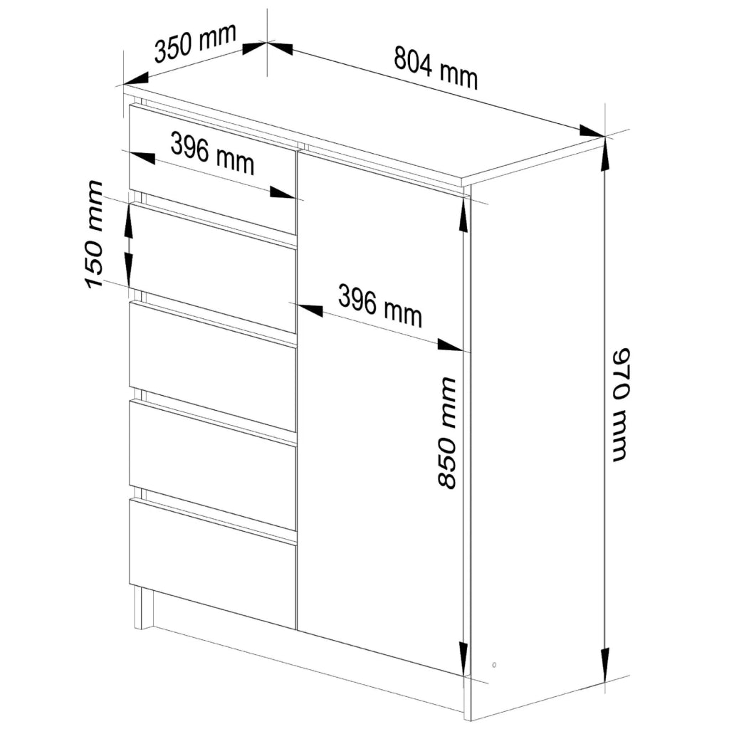 Cassettiera AKORD K80 Comò Bianca 80 cm 1 porta 5 cassetti 80x35x97 cm
