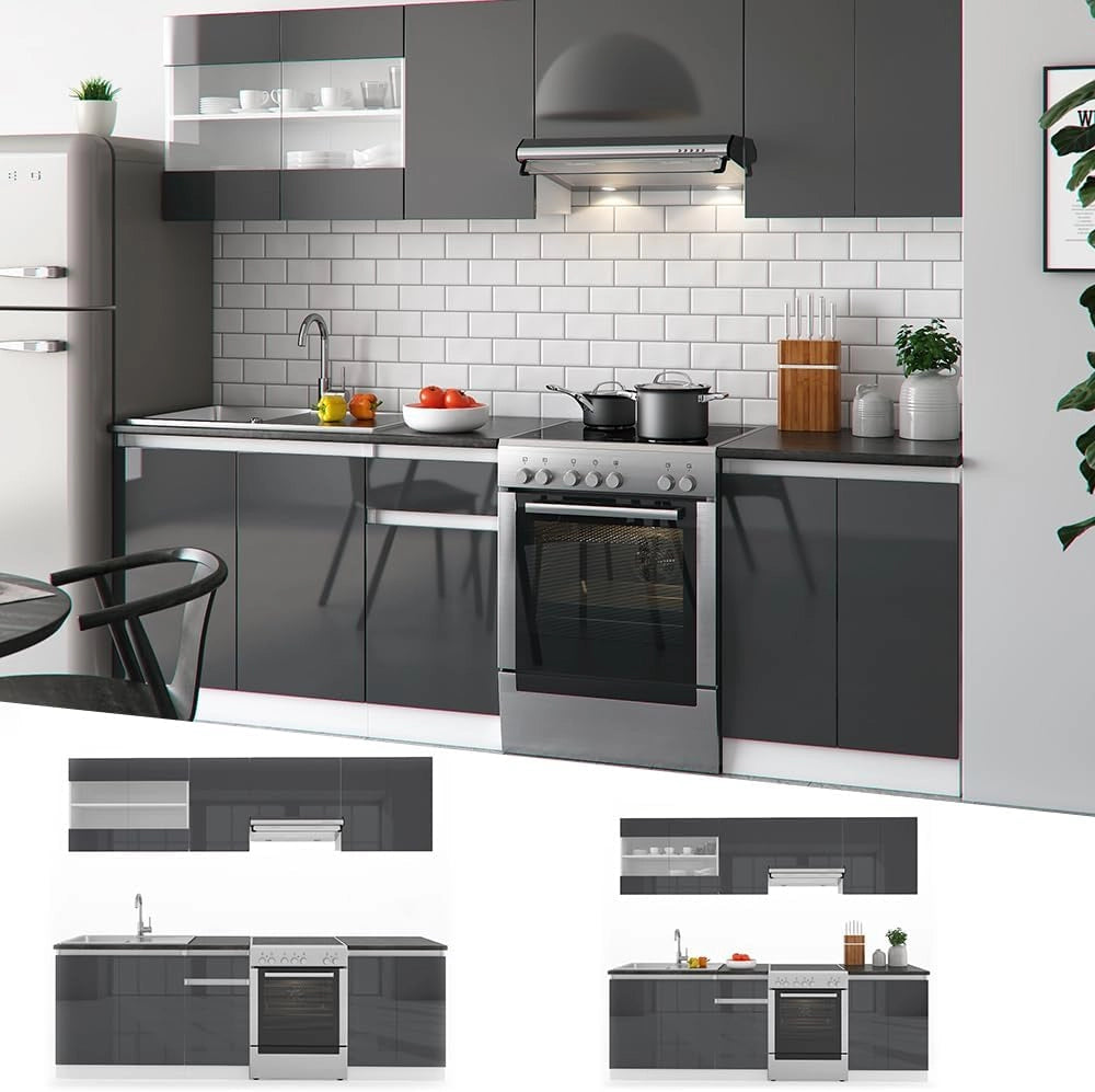 Mobile da cucina Raul, Antracite lucido/bianco, 240 cm, AP Nero, con moduli posizionabili variabilmente e piedini regolabili in altezza