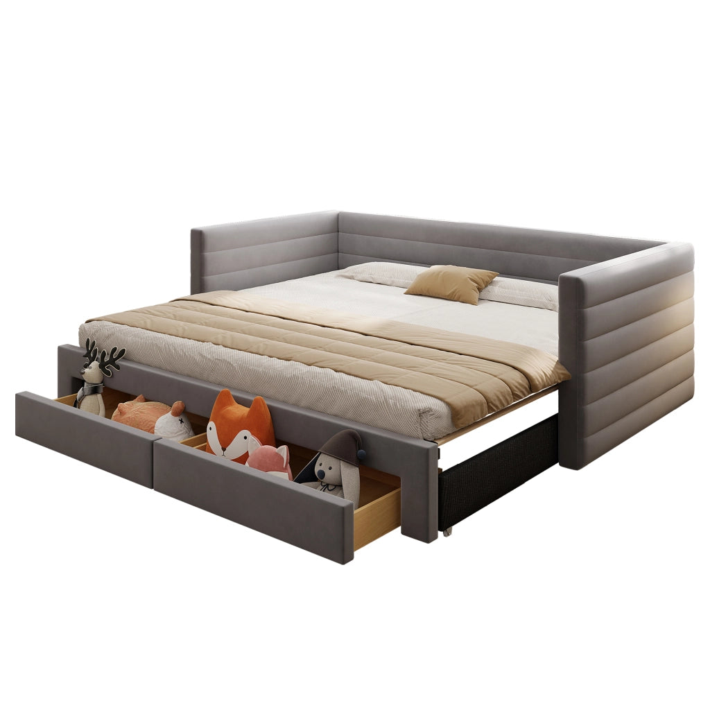 OKWISH Letto a Cassetto Tipo Divano 90×190 cm, Letto Singolo con 2 Cassetti, Convertibile 180×190 cm, senza Materasso, Imbottito, Grigio