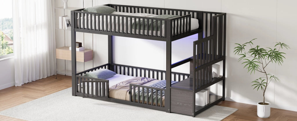 Letto a castello 90x200 cm con scala contenitore e LED, Nero