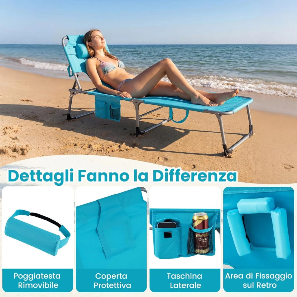 Lettino Prendisole da Spiaggia, Sdraio Mare Pieghevole Portatile con Foro per Viso e Braccia, Cuscino e Tasche Laterali, Schienale Regolabile 4 Posizioni, Portata 150 kg (Turchese)