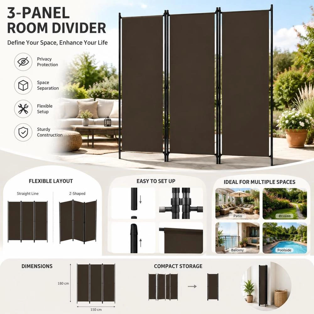 3-piece Room Divider, Brown, 150x180 Cm
