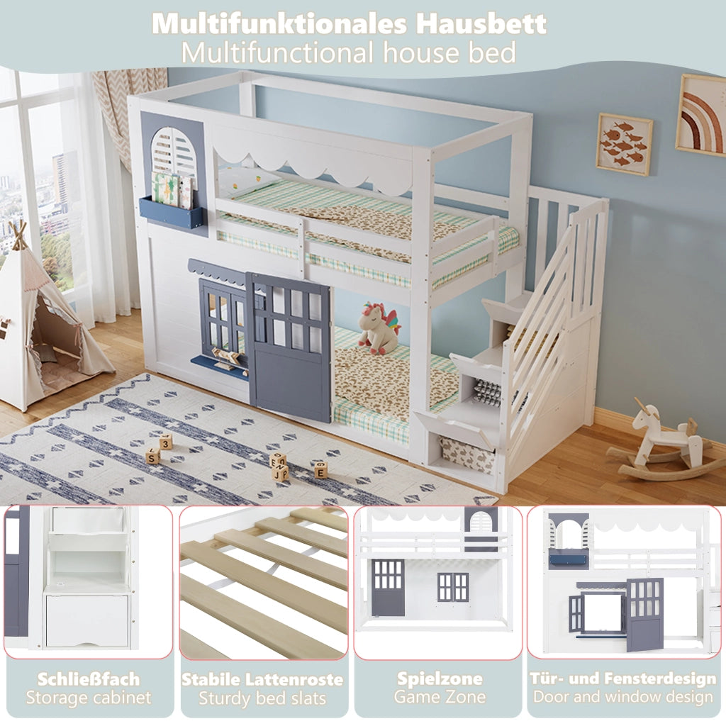Letto semialto per bambini 90x200 cm con design a casetta; scala contenitore bianco e blu