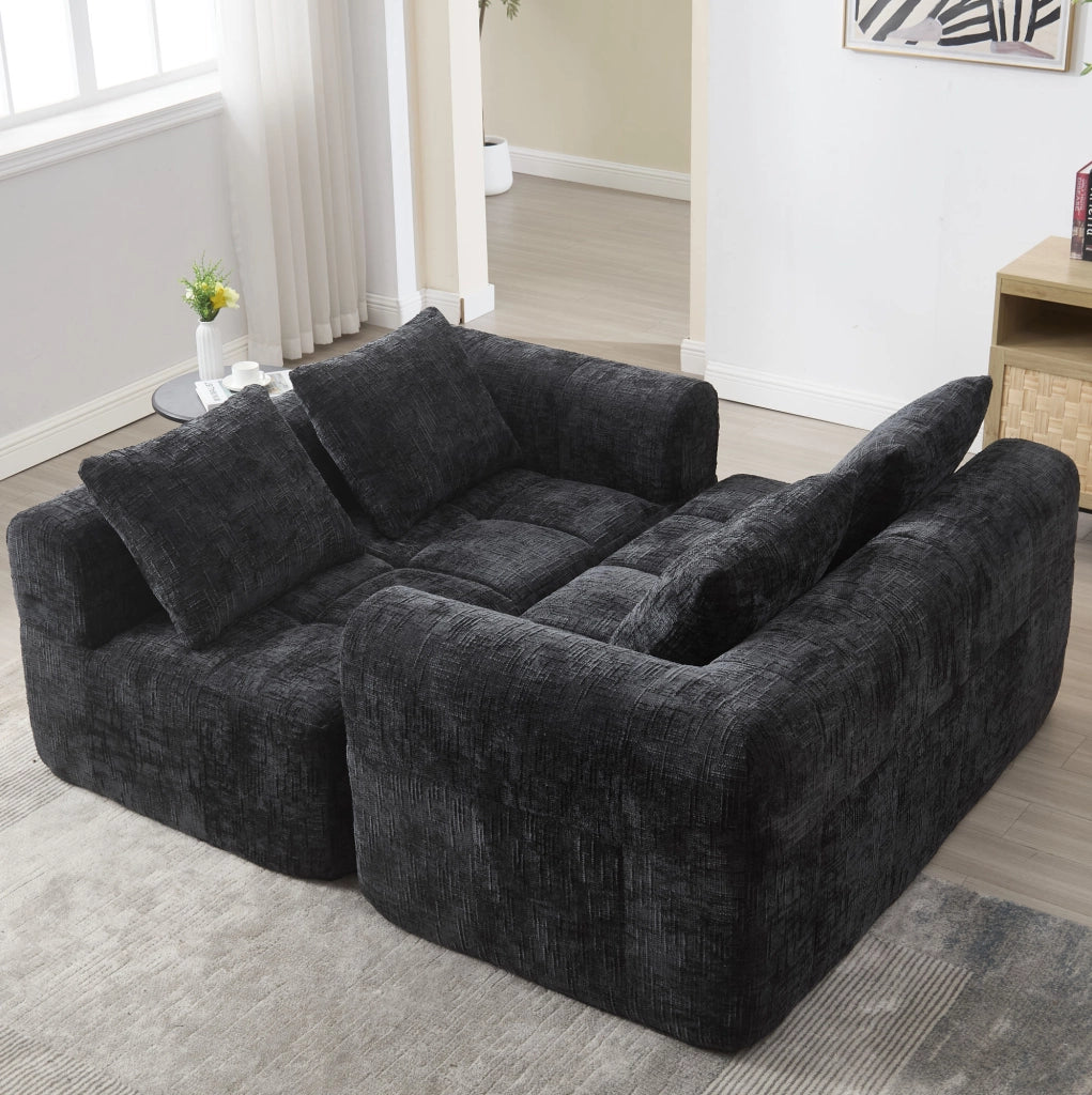 Divano modulare a L, 3 posti, tessuto chenille nero, con chaise longue e braccioli, 3 cuscini inclusi