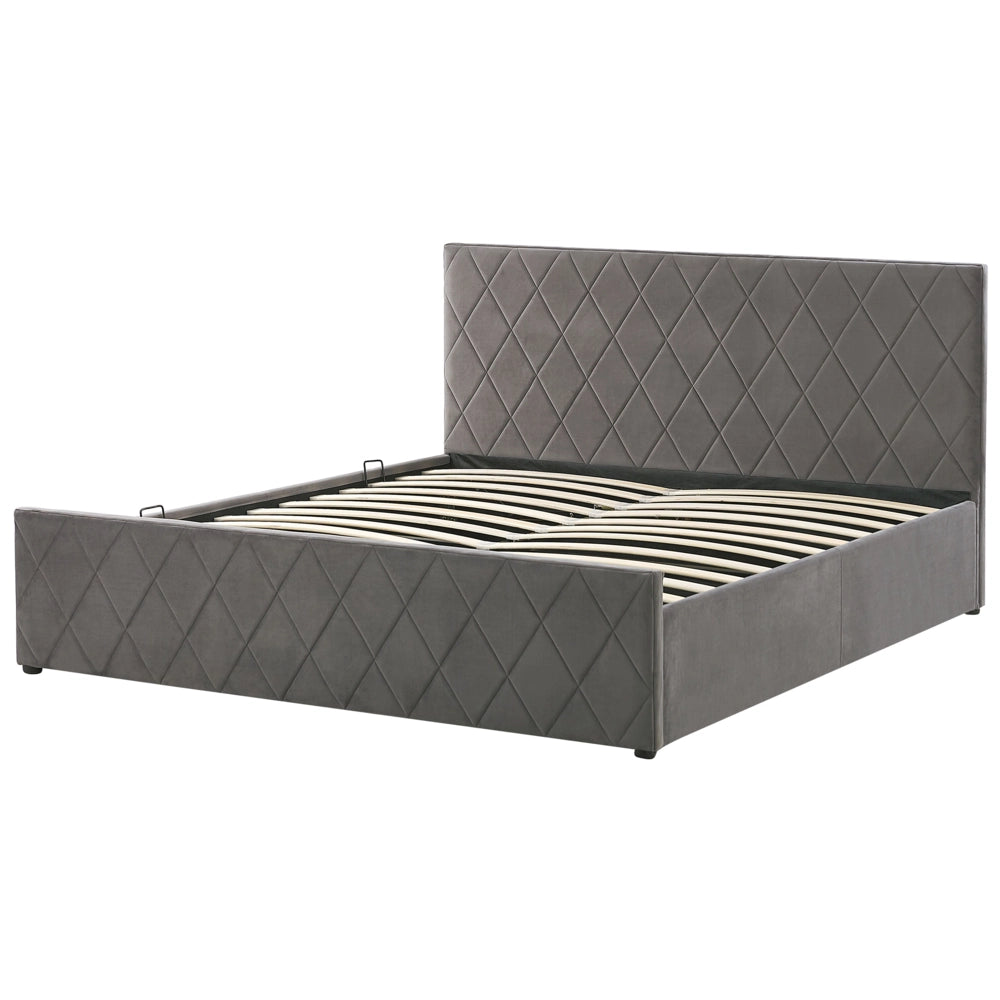 Letto contenitore Rivestimento in velluto grigio 180 x 200 cm con testiera trapuntata a rombi con base a doghe