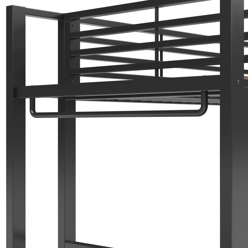 Letto a castello 90 × 200 cm con 4 cassetti, barra appendiabiti e luce LED, senza materasso, in metallo e MDF, nero