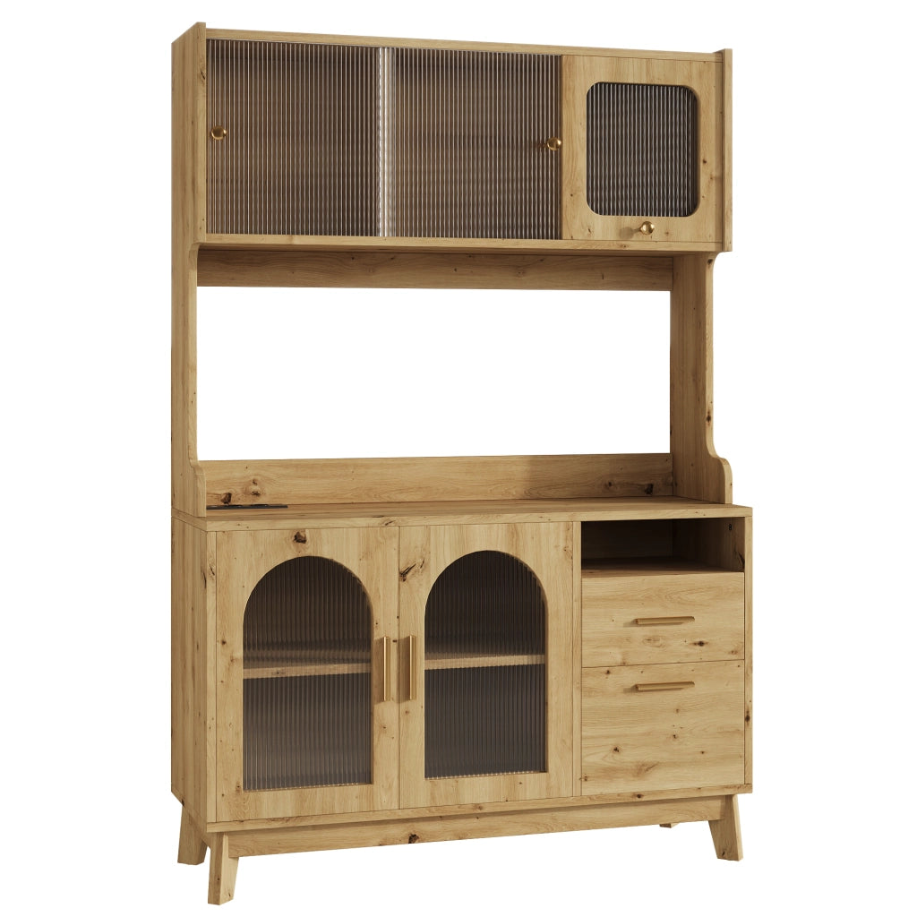 Credenza alta 120x40x178 cm con prese integrate e porte USB, effetto legno