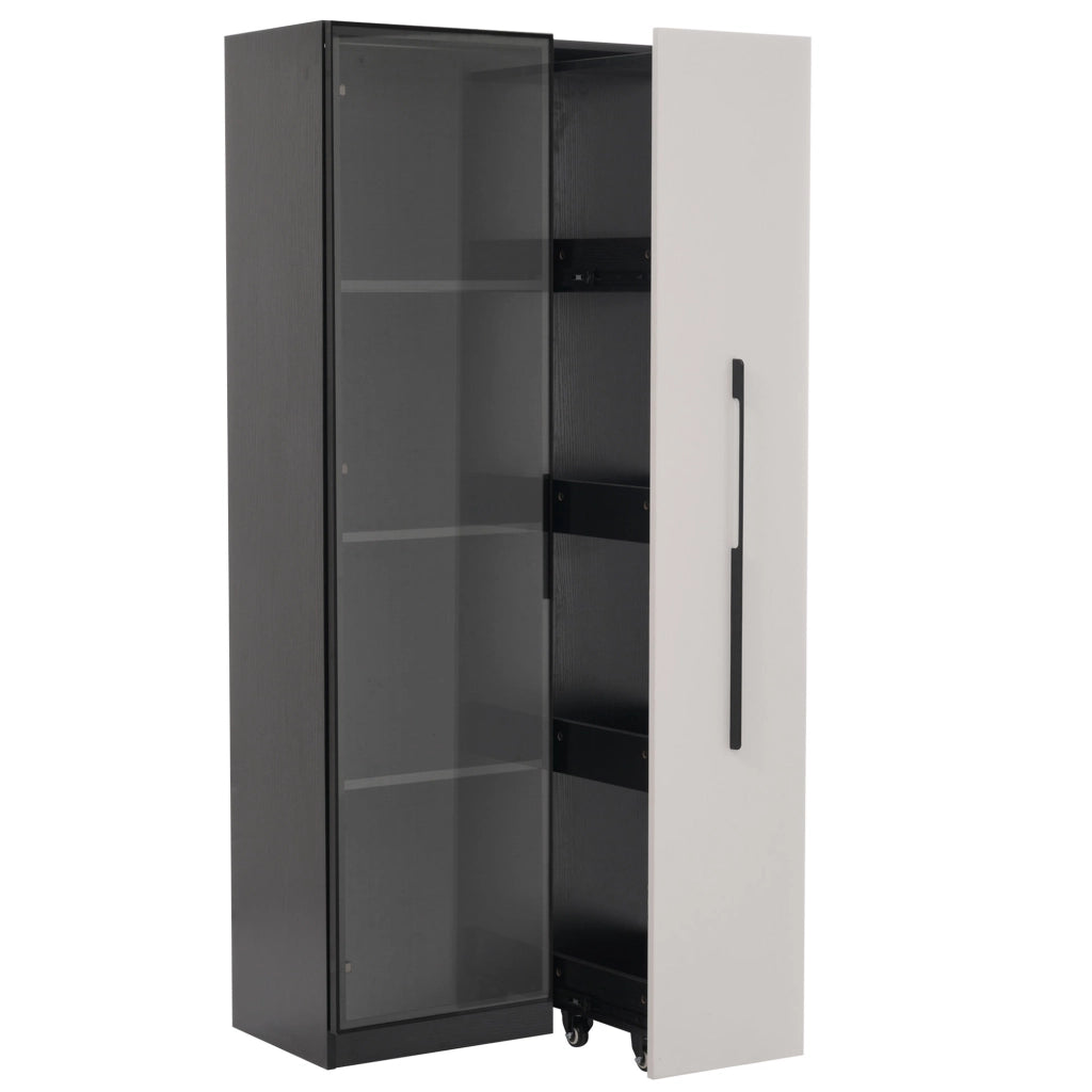 Vetrina multifunzione 70x40x160 cm con LED, ante in vetro e contenitore laterale, nero/bianco