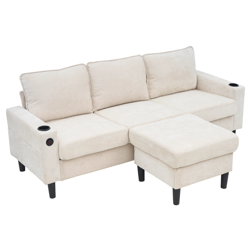 OKWISH Divano ad Angolo con USB e USB-C, Portabicchieri e Tasche Laterali, Pouf Modulare, Lino Beige 202 x 137 x 80 cm