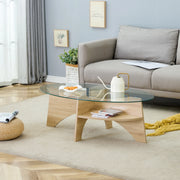 Tavolino ovale trasparente e legno in vetro e MDF con ripiano inferiore