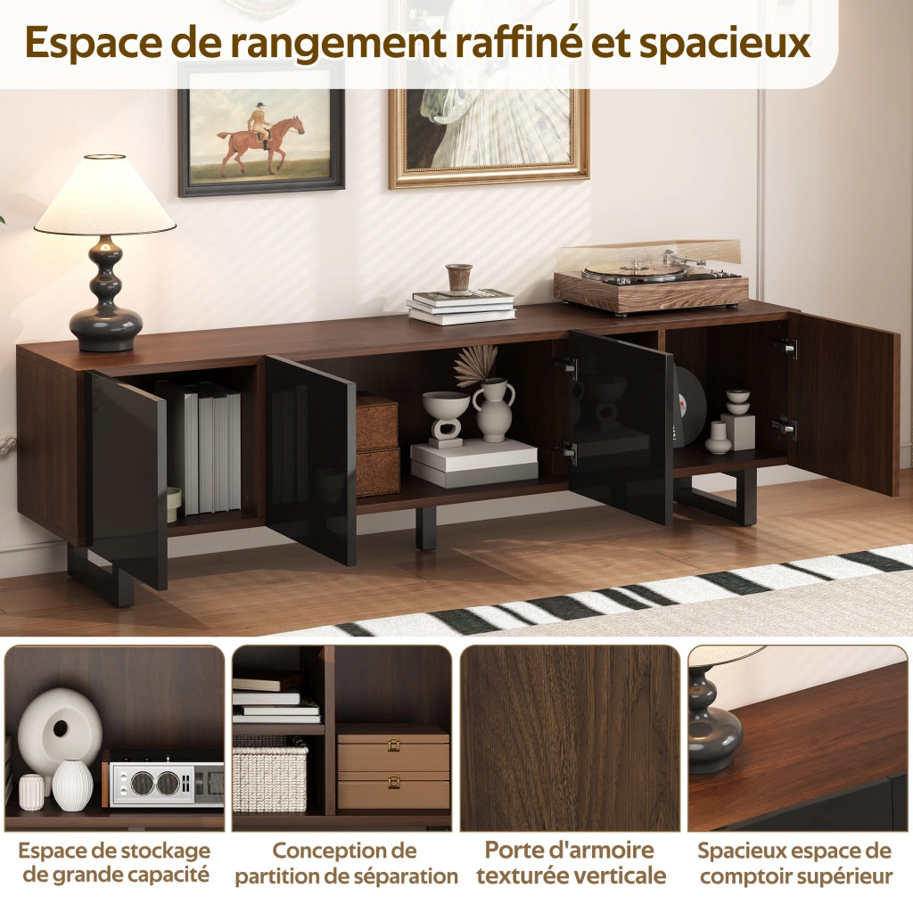 OKWISH Mobile TV con 4 Ante e Ripiani Interni, Frontali Lucidi senza Maniglie, per Soggiorno, MDF, Nero e Naturale, 180 x 38 x 50 cm