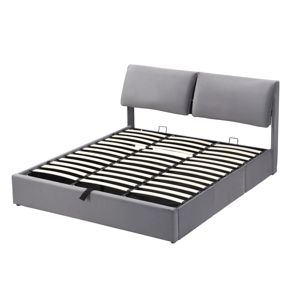 Letto imbottito 180x200 cm in velluto grigio con contenitore, 3 cassetti, rete a doghe e testiera regolabile