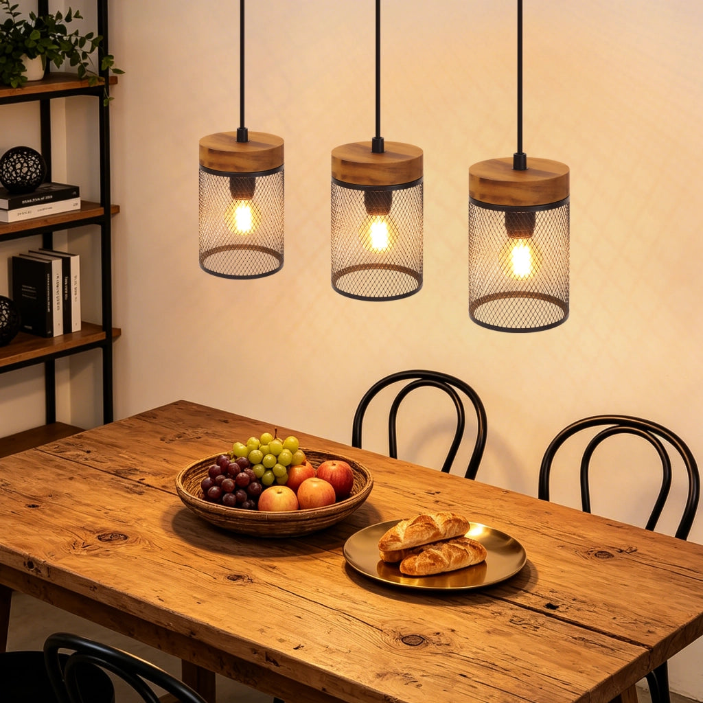 ZMH Lampada a Sospensione Vintage Legno Nero 3 Luci E14 Industriale per Soggiorno Sala da Pranzo Cucina Senza Lampadina