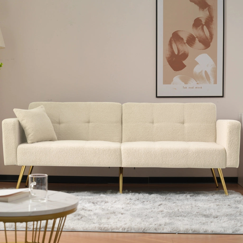 Divano Letto con Schienale Regolabile; 2 Tasche Laterali e Gambe Dorate; in Schiuma; Beige; 175 × 64 × 72 cm