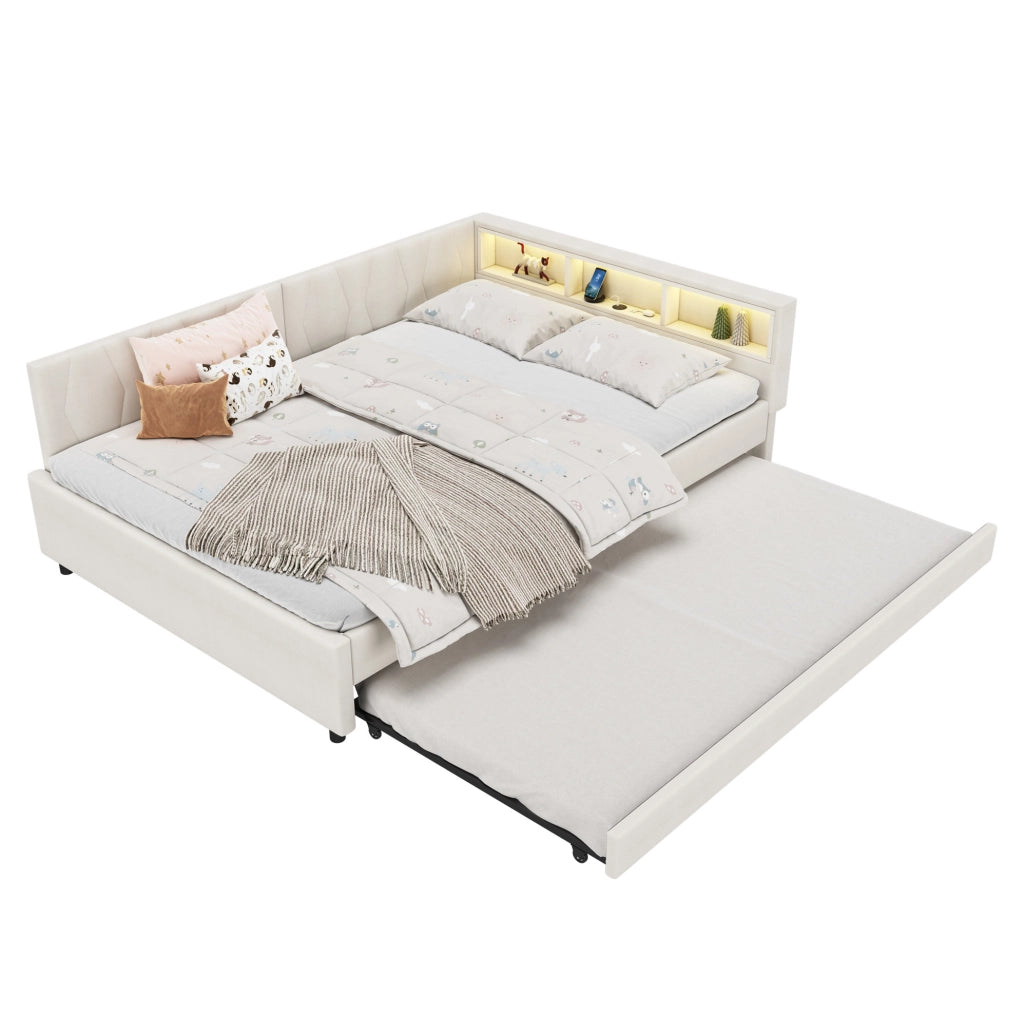 Letto 140x200 cm con LED; USB e vani portaoggetti in lino beige