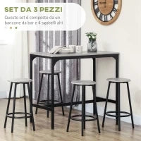 Set da Pranzo 5 Pezzi con Bancone da Bar 110x50x89.5 cm e Sgabelli Ø30x60.5 cm in Legno e Metallo Grigio e Nero
