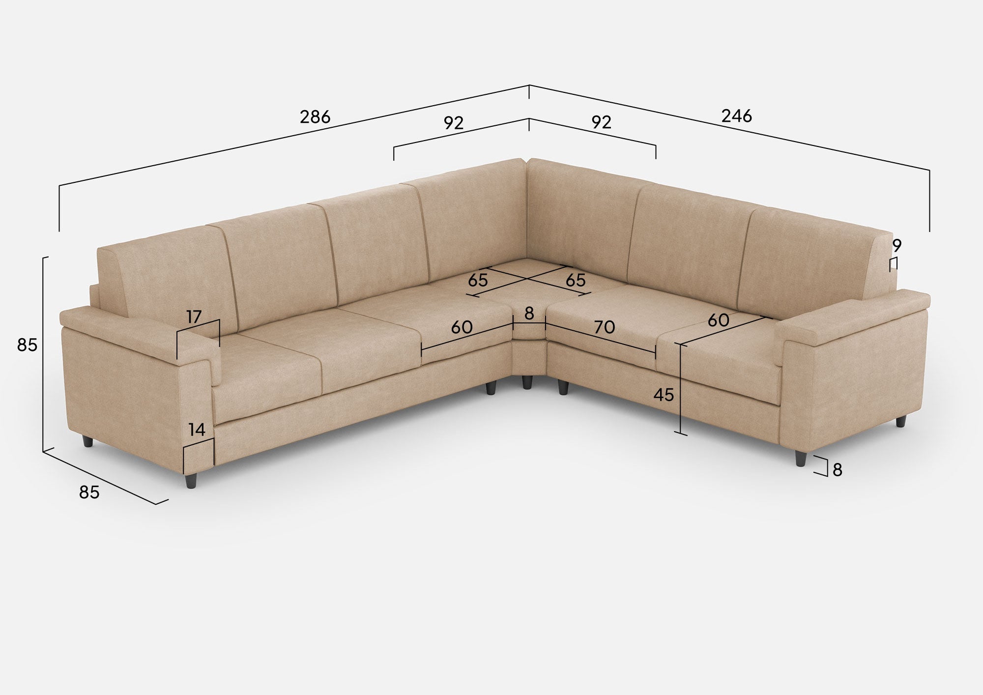 Divano Angolare 6 Posti 286x246x85 cm Marrak in Tessuto Beige