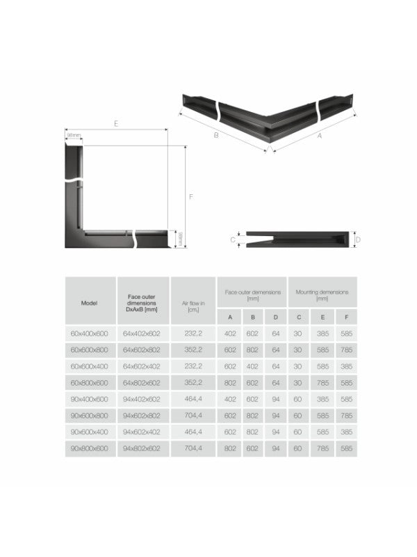 Griglia di ventilazione Angolare per camino 60x800x600 - Loft Angle destra nera