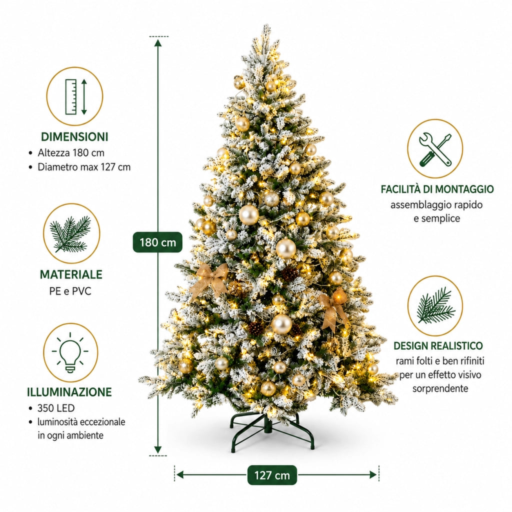 Albero di natale artico 180 cm innevato con luci integrate fortunato