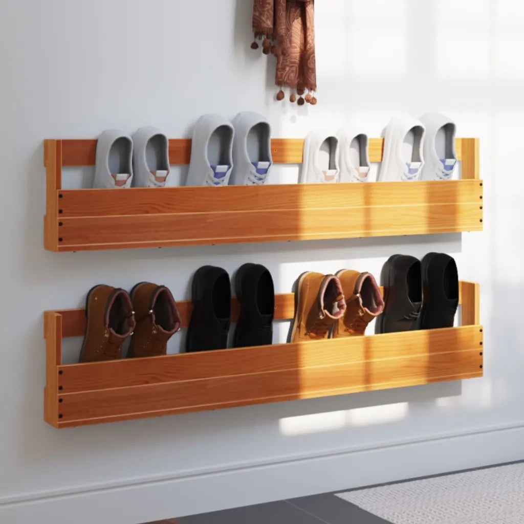 Scarpiere a Parete 2 pz-Set di 2 Scaffale per scarpe Marrone Cera Legno Massello di Pino 516572