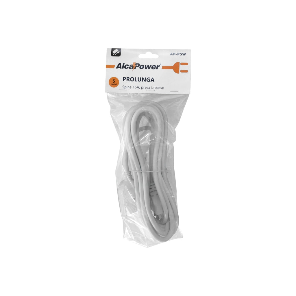 Alcapower Prolunga elettrica bipasso 16A 250V con cavo da 5 metri, spina 3 poli 16A e presa 10/16A per uso domestico e ufficio colore bianco