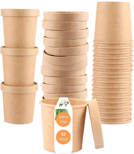 Bicchieri di plastica per zuppa e insalata - 50 pezzi - Isolanti e adatti all'aspirazione - Coperchi - Colore miele - Ideali per feste