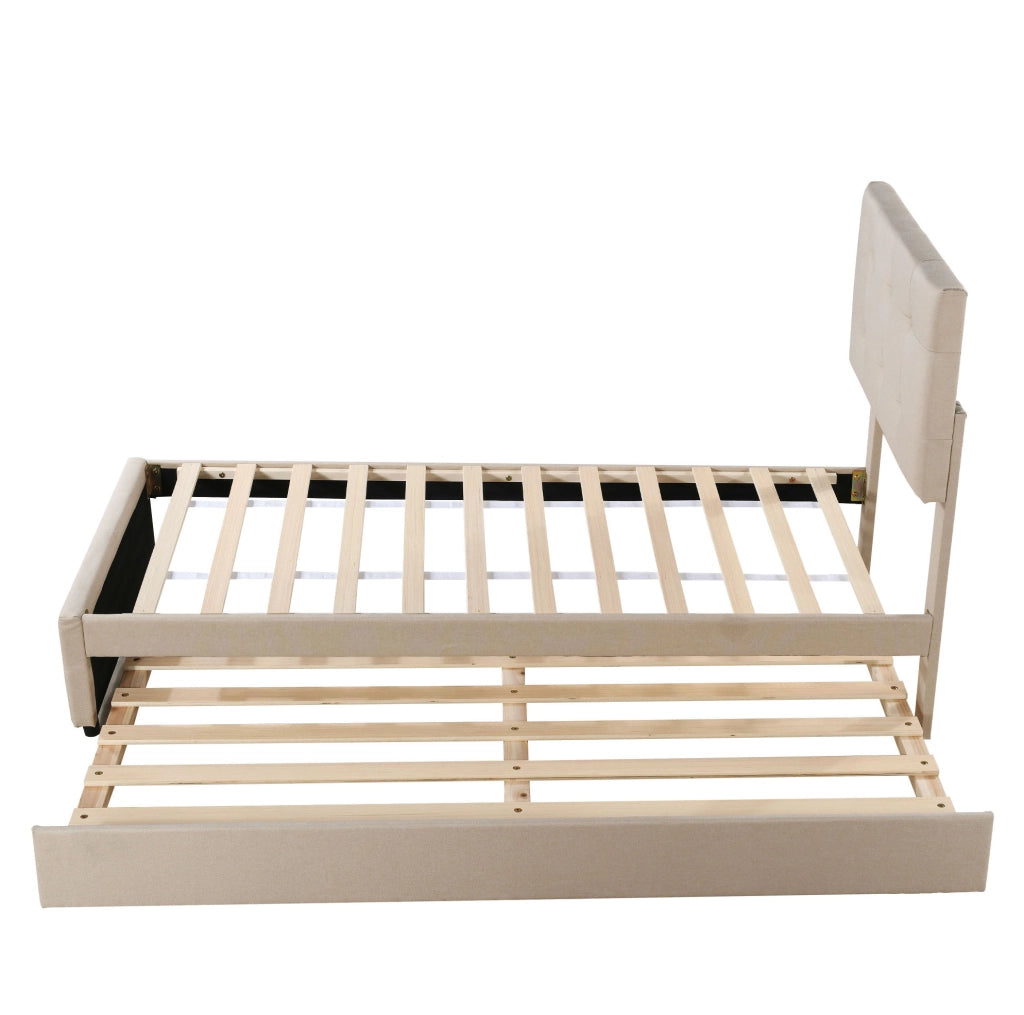Letto imbottito 90x200 cm con letto estraibile 190x90 cm; testiera regolabile; lino beige