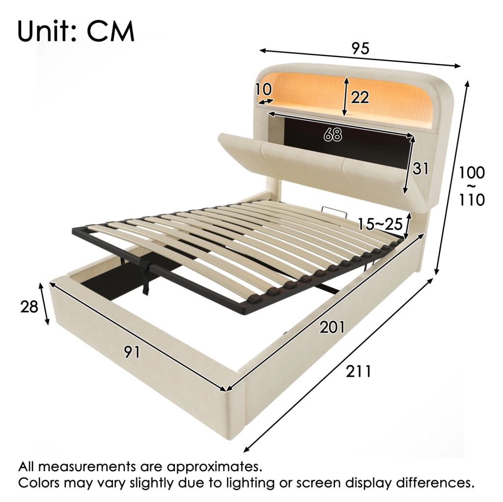 Letto imbottito con contenitore, LED e ricarica USB