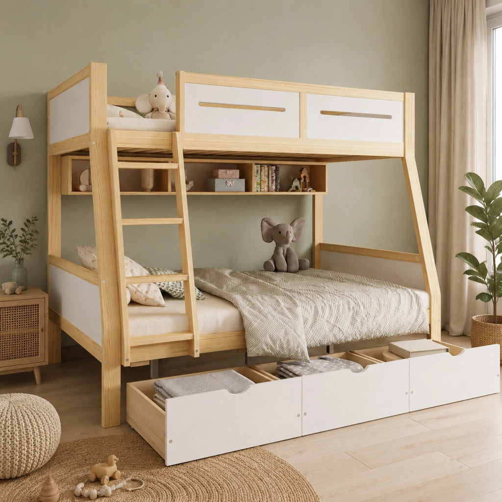 Letto a castello per bambini con 3 cassetti, libreria e sponda di sicurezza