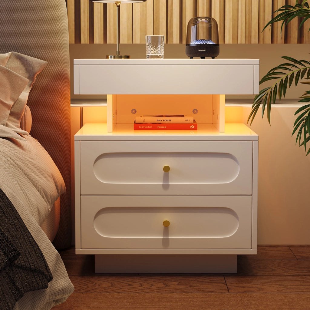 Comodino con LED, 2 cassetti e 1 vano aperto, per camera da letto, in truciolato, bianco, 100 × 40 × 60 cm