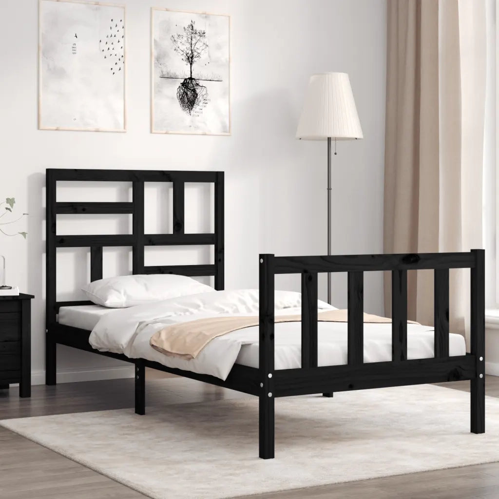 Letto singolo | Letto per adulti | Giroletto con Testiera Nero Small Single in Legno Massello