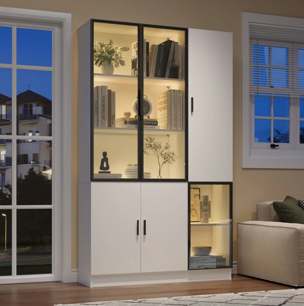 Vetrina con LED e porte in vetro; 120 x 35 x 200 cm; bianca