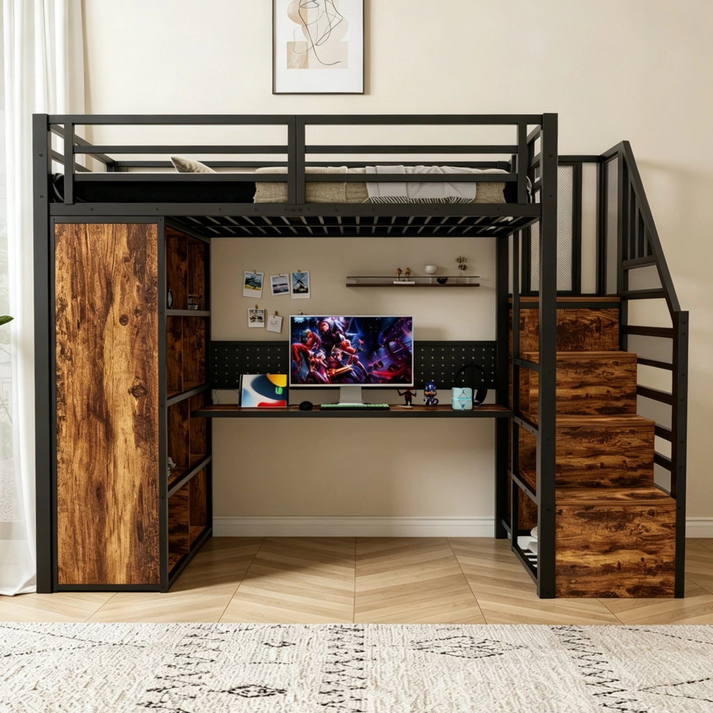 Letto a soppalco in metallo 90x200 con scrivania; armadio e LED; nero